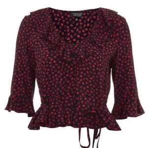 Topshop Phoebe Frilly Blouse - navy & red